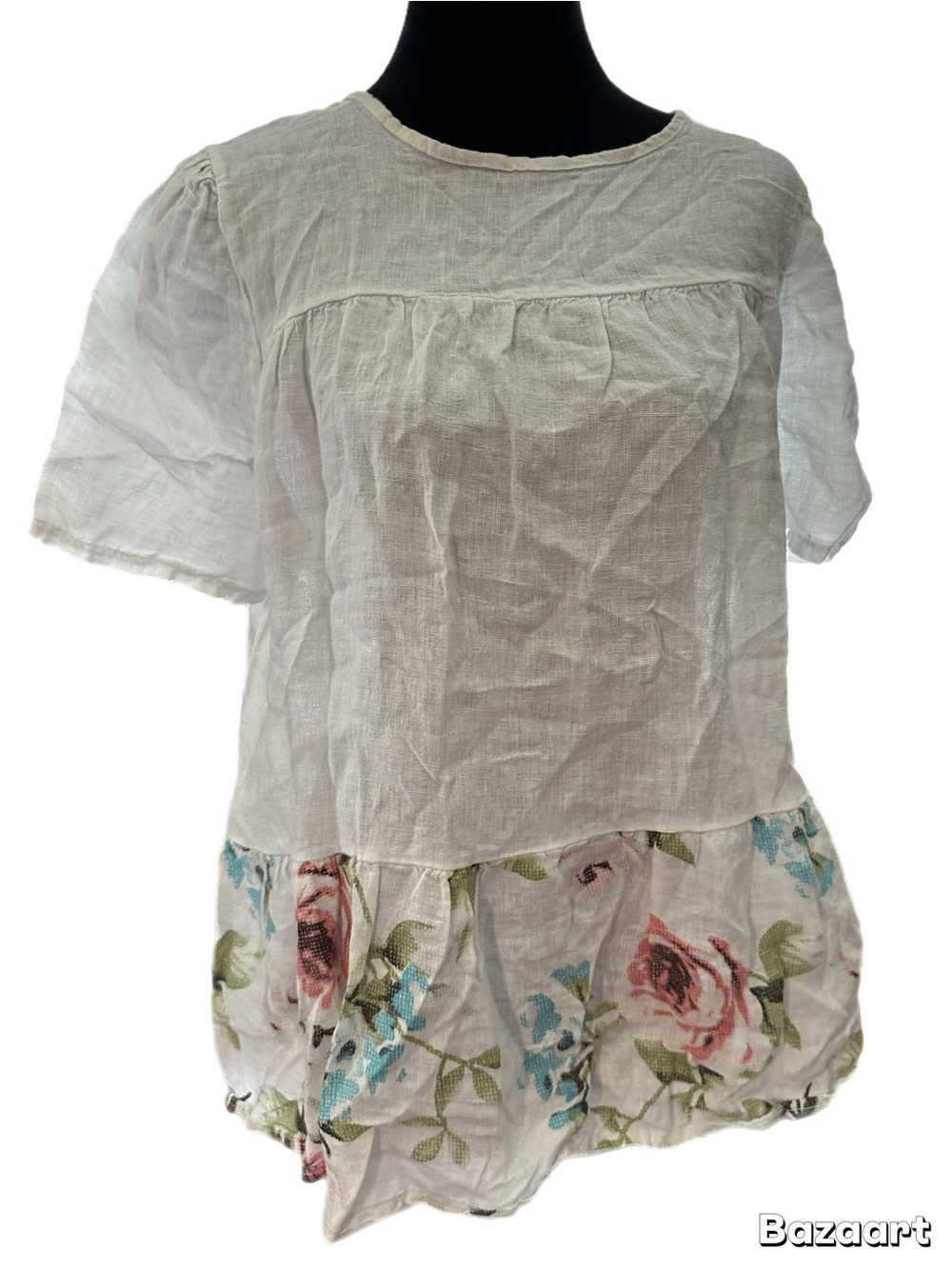 Italian linen White Short Sleeve Blouse with Floral Hem